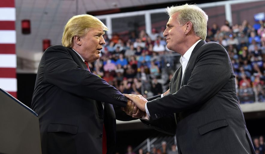 President Donald Trump, left, shakes hands with House Majority Leader Kevin McCarthy of Calif., right, during a rally at AMSOIL Arena in Duluth, Minn., Wednesday, June 20, 2018. (AP Photo/Susan Walsh)