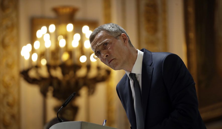 Jens Stoltenberg, the Secretary General of NATO, listens to a question after delivering a pre-NATO summit speech at Lancaster House in London, Thursday, June 21, 2018. The secretary-general of NATO says bonds between Europe and North America have weakened, and he appealed for an international effort to shore up the trans-Atlantic military alliance. (AP Photo/Matt Dunham)