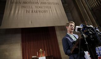 Actress and New York gubernatorial candidate Cynthia Nixon delivers her remarks at the St. Paul &amp; St. Andrew Methodist Church in New York, Thursday, June 21, 2018. New Sanctuary Coalition held a news conference to announce that Deborah Berenice Vasquez-Barrios, an undocumented immigrant from Guatemala, and the younger of her two children, will take sanctuary in the church on the Upper West Side of New York. (AP Photo/Richard Drew)