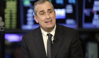 FILE- In this March 13, 2017, file photo, Intel CEO Brian Krzanich is interviewed on the floor of the New York Stock Exchange. Krzanich is resigning after the company learned of a consensual relationship that he had with an employee. Intel said Thursday, June 21, 2018, that the relationship was in violation of the company&#39;s non-fraternization policy, which applies to all managers. (AP Photo/Richard Drew, File)