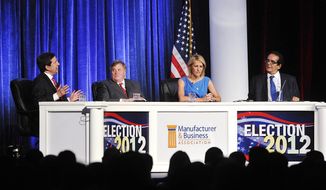 FILE - In this June 27, 2012 file photo, from left, moderator Chris Wallace kicks off a discussion with panelists Dick Morris, Laura Ingraham and Charles Krauthammer at the Manufacturer &amp;amp; Business Association&#39;s 107th annual event at the Bayfront Convention Center in Erie, Pa. The conservative writer and pundit Krauthammer has died. His death was announced Thursday, June 21, 2018, by two media organizations that employed him, Fox News Channel and The Washington Post. He was 68. (Greg Wohlford/Erie Times-News via AP, File)