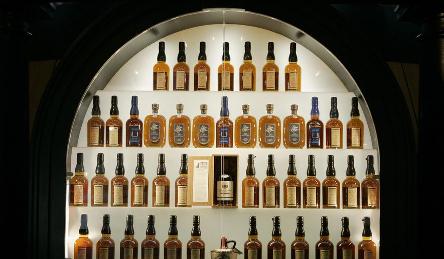 In this April 8, 2009, file photo, bottles of bourbon are shown in a display case at the Heaven Hill Bourbon Heritage Center in Bardstown, Ky. American distilleries large and small have watched warily as rhetoric about tariffs has ratcheted up. (AP Photo/Ed Reinke, File)