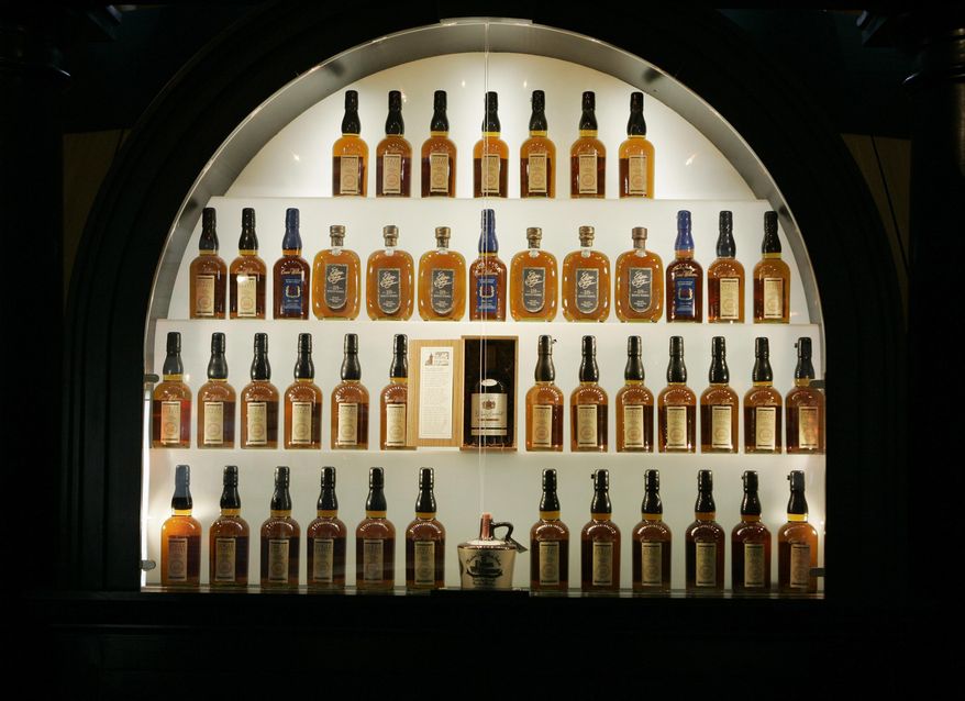 In this April 8, 2009, file photo, bottles of bourbon are shown in a display case at the Heaven Hill Bourbon Heritage Center in Bardstown, Ky. American distilleries large and small have watched warily as rhetoric about tariffs has ratcheted up. (AP Photo/Ed Reinke, File)