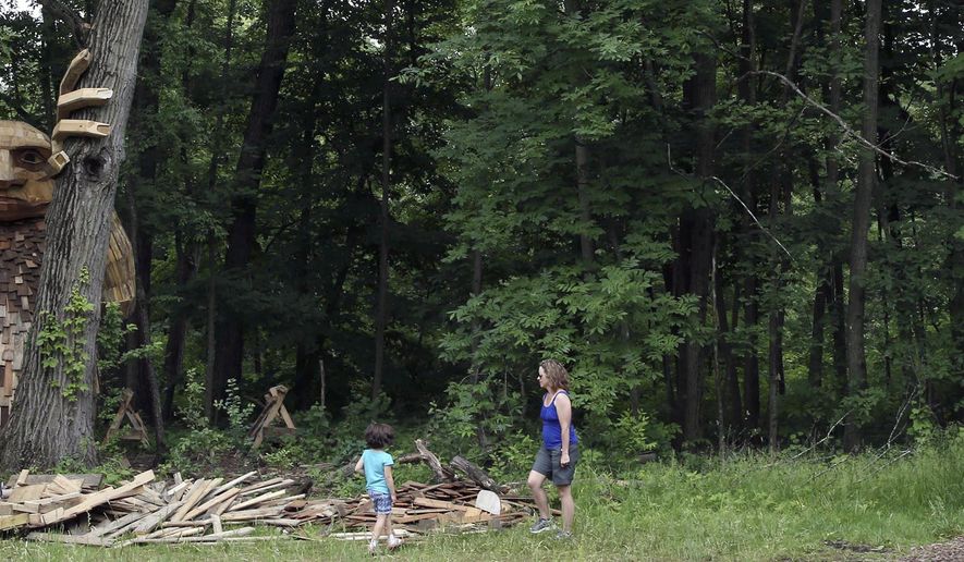 In this Thursday, June 14, 2018 photo, visitors get a close up view of one of the six larger than life trolls, guardians of the forest, at Morton Arboretum in Lisle, Ill. Danish artist Thomas Dambo and his team created the trolls using hundreds of pieces of reclaimed wood, battered boards, fallen trees and branches. Six colossal wooden trolls make their home in the Morton Arboretum's 1,700 acres. (Antonio Perez/Chicago Tribune via AP)