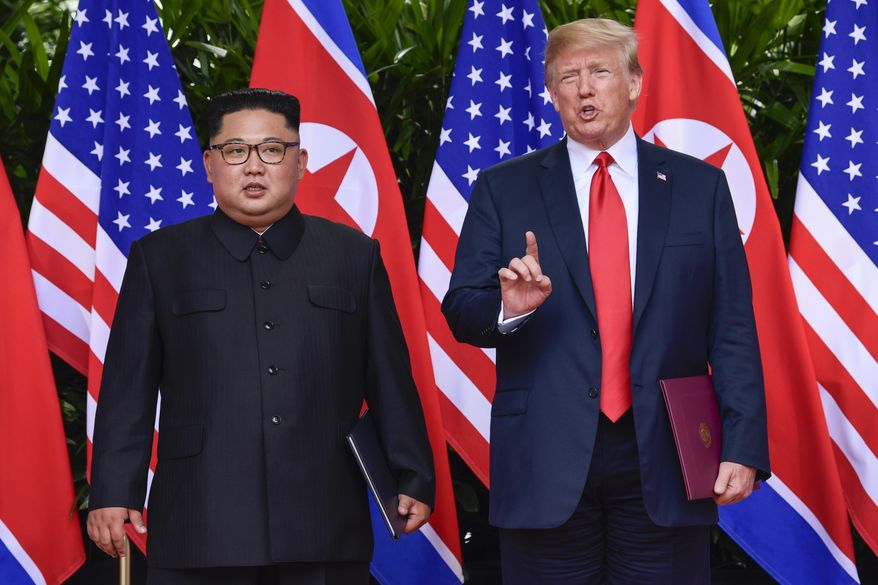 In this June 12, 2018, file photo, U.S. President Donald Trump makes a statement before saying goodbye to North Korea leader Kim Jong-un after their meetings at the Capella resort on Sentosa Island in Singapore. On Thursday, June 21, 2018, the Trump administration identified the missile test engine site that it says North Korea has pledged to destroy, but the president&#39;s latest comments about resolving the nuclear standoff have raised new questions about what concessions Pyongyang has made. (AP Photo/Susan Walsh, Pool, File)