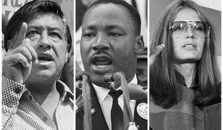 This combination of 1963-1979 photos shows, from left, Cesar Chavez, The Rev. Martin Luther King Jr. and Gloria Steinem.  The protest marches that have filled the nation’s streets since the election of Donald Trump rely on multiple voices, a change from the heyday of ‘60s social activism where there often was one famous face connected to a cause. The era of Martin Luther King and Cesar Chavez, both charismatic leaders, has given way to many people speaking out in rallies for women, immigrant rights, gun control. Social media has also made it easier to organize protests without a big name at the center. (AP Photo, File)