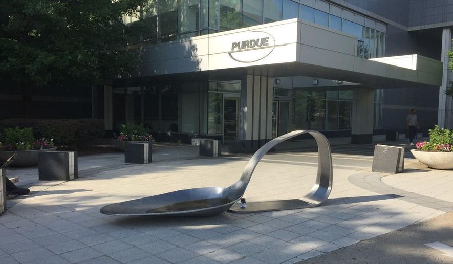 An 800-pound sculpture, titled &amp;quot;Purdue,&amp;quot; created by artist Domenic Esposito is displayed outside the Connecticut headquarters of drugmaker Purdue Pharma, Friday, June 22, 2018, in Stamford, Conn. The sculpture was inspired to create by Esposito&#39;s brother&#39;s battle with addiction. Several state and local governments are suing Purdue Pharma for allegedly using deceptive marketing to boost sales of its opioid painkiller OxyContin, blamed for opioid overdose deaths. (Susan Dunne/Hartford Courant via AP)