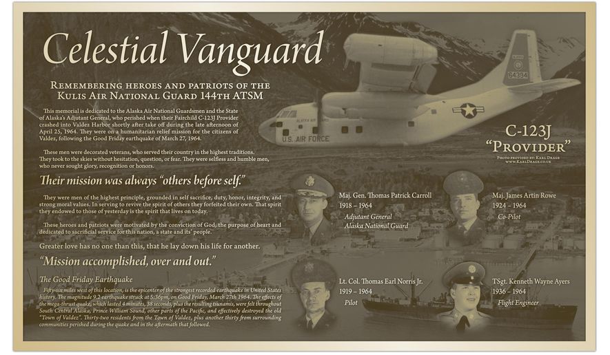 This June 2018 photo provided by Innovative Signs, Inc. in Longwood, Fla., shows a plaque that will be dedicated Saturday, June 23, 2018, in Valdez, Alaska. The memorial honors four Alaska Air National Guard members who died in a plane crash while conducting a humanitarian mission following the devastating magnitude 9.2 earthquake, which destroyed Valdez in March 1964. (Photo courtesy Innovate Signs, Inc. via AP)