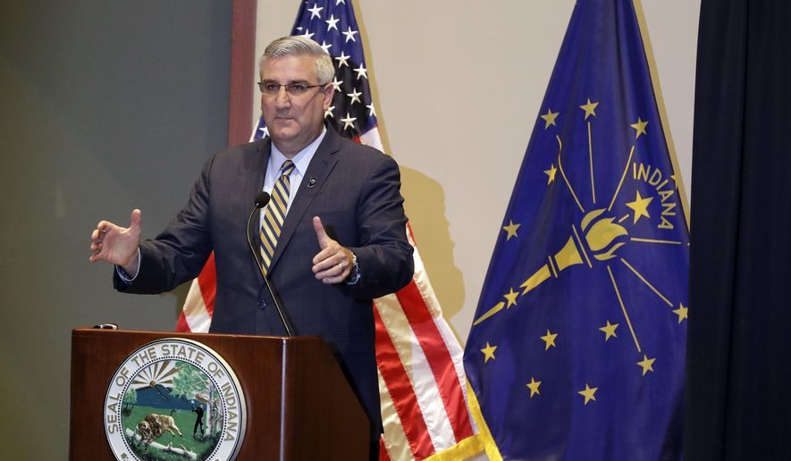 Indiana Gov. Eric Holcomb speaks during a news conference Monday, June 18, 2018, in Indianapolis. A consultancy group hired by Gov. Holcomb reviewed Indiana's troubled child welfare agency and presented its findings. (AP Photo/Darron Cummings)