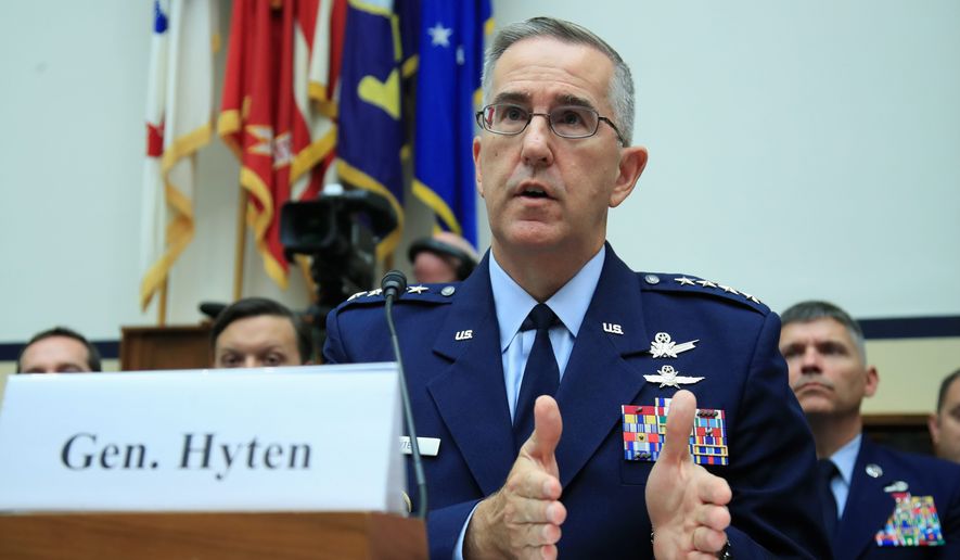 U.S. Strategic Command Commander Gen. John Hyten, testifies before a House Committee on Science, Space, and Technology Space Subcommittee and House Armed Services Committee Strategic Forces Subcommittee joint hearing on &#39;Space Situational Awareness: Whole of Government Perspectives on Roles and Responsibilities&#39; on Capitol Hill in Washington on June 22, 2018. (Associated Press) **FILE**
