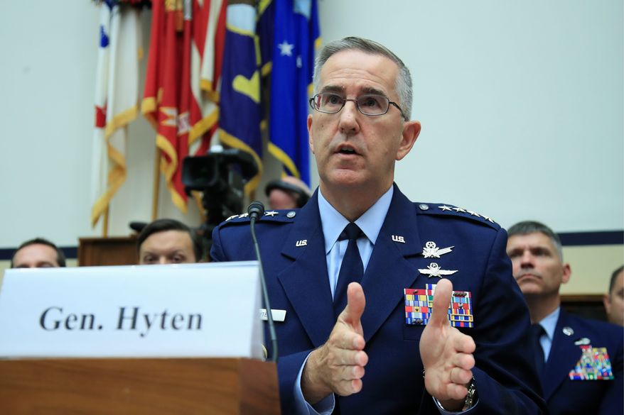 U.S. Strategic Command Commander Gen. John Hyten, testifies before a House Committee on Science, Space, and Technology Space Subcommittee and House Armed Services Committee Strategic Forces Subcommittee joint hearing on &#39;Space Situational Awareness: Whole of Government Perspectives on Roles and Responsibilities&#39; on Capitol Hill in Washington on June 22, 2018. (Associated Press) **FILE**