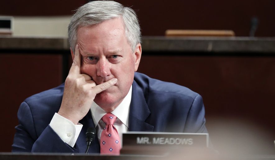 Rep. Mark Meadows, R-N.C., listens during questioning of Department of Justice Inspector General Michael Horowitz during a joint House Committee on the Judiciary and House Committee on Oversight and Government Reform hearing examining Horowitz&#x27;s report of the FBI&#x27;s Clinton email probe, on Capitol Hill, Tuesday, June 19, 2018 in Washington. (AP Photo/Jacquelyn Martin)