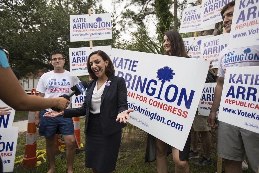 In this June 12, 2018, file photo, South Carolina Rep. Katie Arrington, who is running for the first district of South Carolina, campaigns after voting for herself in the primary election at Bethany United Methodist Church in Summerville. Arrington, who defeated U.S. Rep. Mark Sanford in his re-election bid, has been seriously injured in a deadly wreck. Spokesman Michael Mule tells media outlets Arrington has undergone surgery for her injuries and was recovering Saturday, June 23, 2018, in a Charleston-area hospital. (Kathryn Ziesig/The Post And Courier via AP, File)