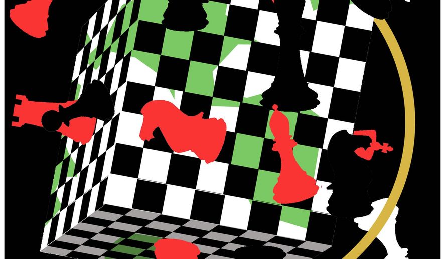 Illustration on the perils of trade war gamesmanship by Alexander Hunter/The Washington Times