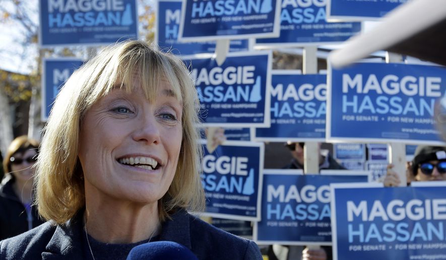 FILE - In this Nov. 8, 2016 file photo, New Hampshire Democratic Senate candidate, Gov. Maggie Hassan speaks to reporters outside a polling place in Portsmouth, N.H. Hassan officially becomes a U.S. senator on Wednesday, Jan. 4, 2017, ending four years of leading New Hampshire from the corner office. Her two terms in office were marked by accomplishments, including providing subsidized health care to 50,000 low-income people, and failures, such as her unsuccessful drive to legalize a casino in New Hampshire. Perhaps the greatest challenge that faced Hassan was the opioid and heroin crisis, which the state has struggled to contain.  (AP Photo/Elise Amendola, File)