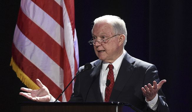 U.S. Attorney General Jefferson Sessions talks about immigration at the NASRO School Safety Conference at the Peppermill Resort on Monday, June 25, 2018, in Reno, Nev. (Andy Barron /The Reno Gazette-Journal via AP) ** FILE **