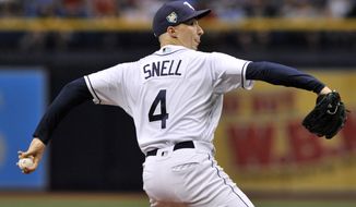 Tampa Bay Rays starter Blake Snell pitches against the Washington Nationals during the first inning of a baseball game Monday, June 25, 2018, in St. Petersburg, Fla. (AP Photo/Steve Nesius)