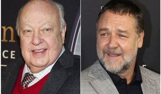 This combination photo shows Roger Ailes at a special screening of &amp;quot;Kingsman: The Secret Service&amp;quot; in New York on Feb. 9, 2015, left, and actor Russell Crowe at the Australian premiere of his movie &amp;quot;The Mummy&amp;quot; in Sydney on May 22, 2017. Crowe will portray Ailes in a new Showtime series about the late Fox News founder. The eight-episode series is based on “The Loudest Voice In The Room” by Gabriel Sherman. (AP Photo)