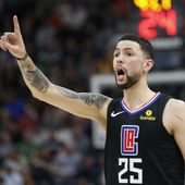 In this April 5, 2018, file photo, Los Angeles Clippers guard Austin Rivers shouts to his teammates during the first half of an NBA basketball game against the Utah Jazz in Salt Lake City. A person familiar with the deal says that the Washington Wizards have agreed to trade center Marcin Gortat to the Clippers for Rivers .(AP Photo/Rick Bowmer, File) **FILE**