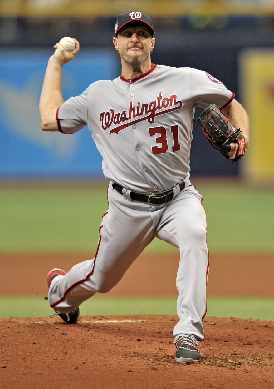 Washington Nationals starter Max Scherzer pitches against the Tampa Bay Rays during the first inning of a baseball game Tuesday, June 26, 2018, in St. Petersburg, Fla. (AP Photo/Steve Nesius)