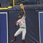 Washington Nationals center fielder Michael Taylor (3) catches a long fly ball at the wall off the bat of Tampa Bay Rays&#39; Wilson Ramos during the sixth inning of a baseball game Tuesday, June 26, 2018, in St. Petersburg, Fla. (AP Photo/Steve Nesius)