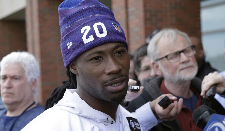 FILE - In this April 24, 2018 file photo, New York Giants&#39; Janoris Jenkins speaks to reporters before an NFL football training camp in East Rutherford, N.J. A body has been found at a New Jersey home where Jenkins lives. The Bergen County prosecutor’s office said Tuesday, June 26, the dead man isn&#39;t the house&#39;s owner. (AP Photo/Seth Wenig, File)