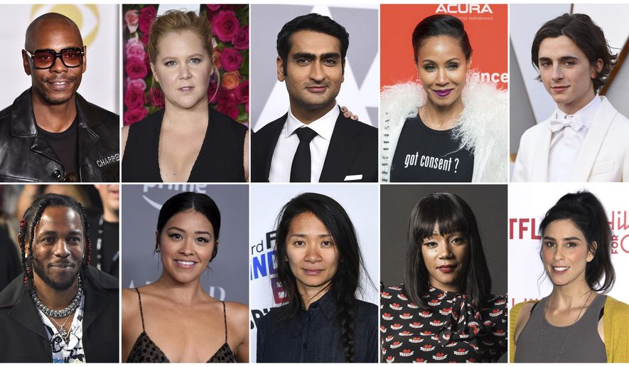 This combination photo shows, top row from left, Dave Chappelle, Amy Schumer, Kumail Nanjiani, Jada Pinkett Smith and Timothee Chalamet, and bottom row from left, Kendrick Lamar, Gina Rodriguez, Chloe Zhao, Tiffany Haddish and Sarah Silverman who are among 928 people invited to become members of the Academy of Motion Picture Arts and Sciences. (AP Photo)