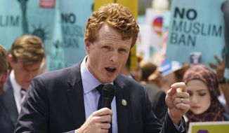 Rep. Joe Kennedy, D-Mass., speaks during the &amp;quot;We Will Not Be Banned&amp;quot; protest sponsored by Muslim Advocates in front of the Supreme Court in Washington, Tuesday, June 26, 2018. (AP Photo/Carolyn Kaster) ** FILE **