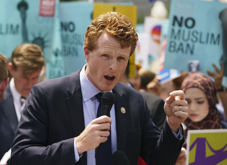 Rep. Joe Kennedy, D-Mass., speaks during the "We Will Not Be Banned" protest sponsored by Muslim Advocates in front of the Supreme Court in Washington, Tuesday, June 26, 2018. (AP Photo/Carolyn Kaster) ** FILE **