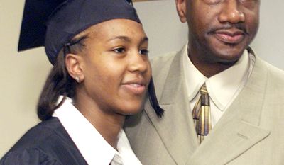 Tamika Catchings stands with her father Harvey Catchings after signing the pole in the Lady Vols locker room after graduating a semester early in Knoxville, Tenn. Harvey Catchings played in the NBA from 1974 to 1985 as a member of the Philadelphia 76ers, New Jersey Nets, Milwaukee Bucks, and Los Angeles Clippers.
