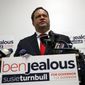 Maryland Democratic gubernatorial candidate Ben Jealous speaks at a news conference alongside his running mate Susie Turnbull, right, Wednesday, June 27, 2018, in Baltimore. Jealous won the Democratic nomination for governor in Maryland, setting up a battle against popular incumbent Republican Gov. Larry Hogan in the fall. (AP Photo/Patrick Semansky)