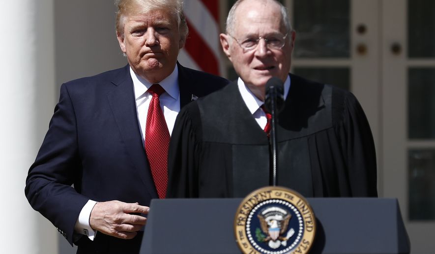FILE - In this April 10, 2017, file photo, President Donald Trump, left, and Supreme Court Justice Anthony Kennedy participate in a public swearing-in ceremony for Justice Neil Gorsuch in the Rose Garden of the White House White House in Washington. The 81-year-old Kennedy said Tuesday, June 27, 2018, that he is retiring after more than 30 years on the court. (AP Photo/Carolyn Kaster, File)