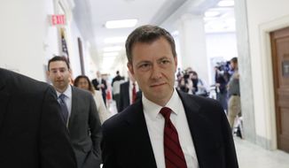 Peter Strzok, center, the FBI agent facing criticism following a series of anti-Trump text messages, walks to gives a deposition before the House Judiciary Committee on Capitol Hill in Washington, Wednesday, June 27, 2018. (AP Photo/Alex Brandon)