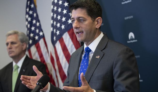Speaker of the House Paul Ryan, R-Wis., joined by Majority Leader Kevin McCarthy, R-Calif., left, talks to reporters following a GOP strategy session at the Capitol in Washington, Tuesday, June 26, 2018. A far-reaching Republican immigration bill is careening toward likely House rejection, a defeat that would be a telling rebuff of the leaders of a divided GOP. The party’s lawmakers are considering Plan B: Passing legislation by week’s end curbing the Trump administration’s contentious separating of migrant families. (AP Photo/J. Scott Applewhite)