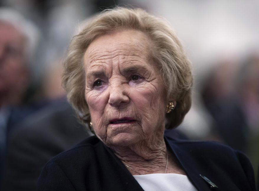 FILE - In this June 5, 2018, file photo, Ethel Kennedy, widow of Senator Robert F. Kennedy who was assassinated during his 1968 presidential campaign, watches a video about her late husband during the Robert F. Kennedy Human Rights awards ceremony on Capitol Hill in Washington. Ethel Kennedy plans to take part in a hunger strike to protest the separation of immigrant families. (AP Photo/J. Scott Applewhite, File)