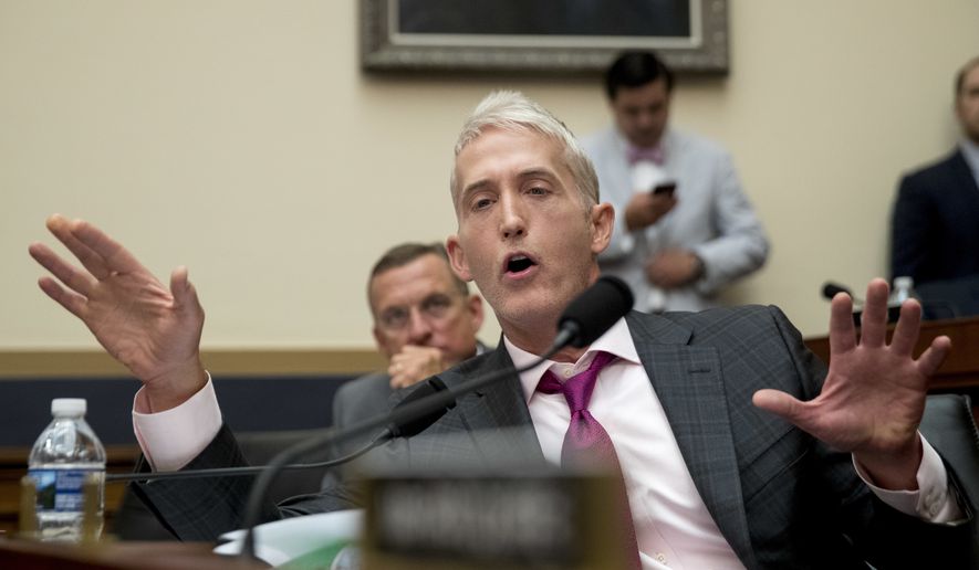 Rep. Trey Gowdy, R-S.C., questions Deputy Attorney General Rod Rosenstein and FBI Director Christopher Wray as they appear before a House Judiciary Committee hearing on Capitol Hill in Washington, Thursday, June 28, 2018, on Justice Department and FBI actions around the 2016 presidential election. (AP Photo/Andrew Harnik)