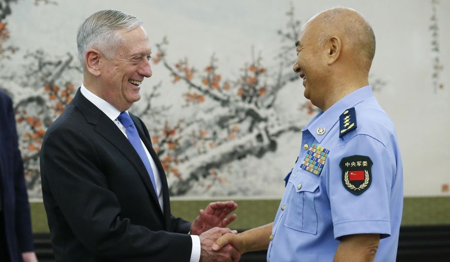 U.S. Defense Secretary Jim Mattis, left, is welcomed by China's Vice Chairman of the Central Military Commission Xu Qiliang at the Bayi Building in Beijing Thursday, June 28, 2018. (Thomas Peter/Pool Photo via AP)