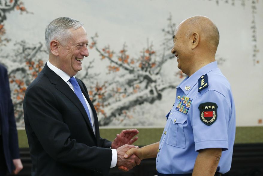 U.S. Defense Secretary Jim Mattis, left, is welcomed by China's Vice Chairman of the Central Military Commission Xu Qiliang at the Bayi Building in Beijing Thursday, June 28, 2018. (Thomas Peter/Pool Photo via AP)