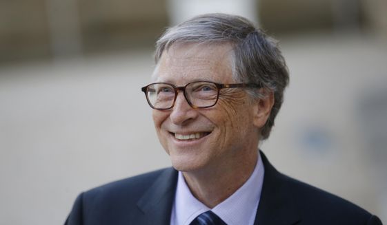 In this April 16, 2018, file photo, Bill Gates, co-chair of the Bill &amp;amp; Melinda Gates Foundation, talks to the media after a meeting with French President Emmanuel Macron at the Elysee Palace in Paris. (AP Photo/Michel Euler, File)