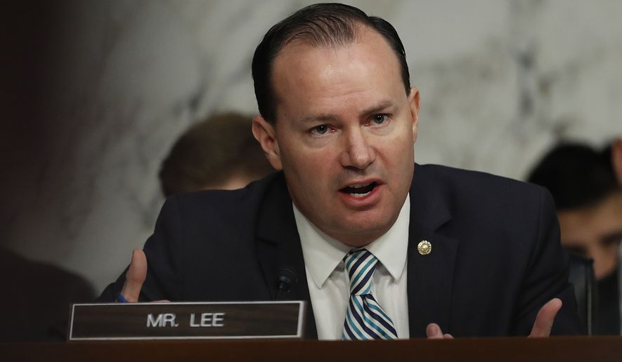 Senate Judiciary Committee member Sen. Mike Lee, R-Utah, questions Attorney General Jeff Sessions during a Senate Judiciary Committee hearing on Capitol Hill in Washington, Wednesday, Oct. 18, 2017. (AP Photo/Carolyn Kaster)