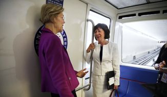 Sen. Susan M. Collins, Maine Republican (right), who is known for her bipartisanship, chatted with Sen. Elizabeth Warren, Massachusetts Democrat on the Senate subway. She says she wants a Supreme Court nominee who would “respect precedent.” (Associated Press/File)