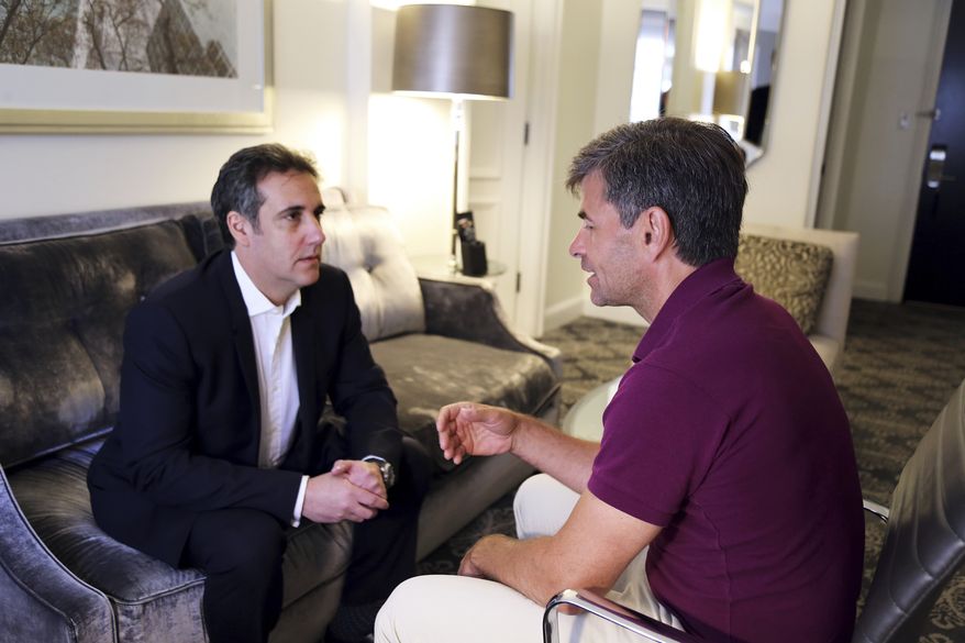 In this June 30, 2018, photo provided by ABC News, Michael Cohen, left, President Donald Trump&#39;s longtime personal lawyer and fixer, is interviewed by ABC&#39;s George Stephanopoulos during an off-camera interview in New York at the hotel where Cohen has been staying. In his first interview since federal agents raided his home and hotel room three months earlier as part of an investigation into his business dealings, Cohen made clear that protecting Trump is not his priority. &quot;My wife, my daughter and my son have my first loyalty and always will,&quot; Cohen told Stephanopoulos, &#39;&#39;I put family and country first.&quot; (ABC News via AP)