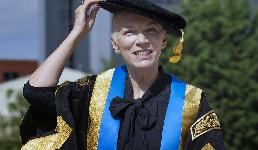 Musician Annie Lennox poses for the medial before she was installed as the new Chancellor of the Glasgow Caledonian University, in Glasgow, Scotland, Monday, July 2, 2018. (Jane Barlow/PA via AP)