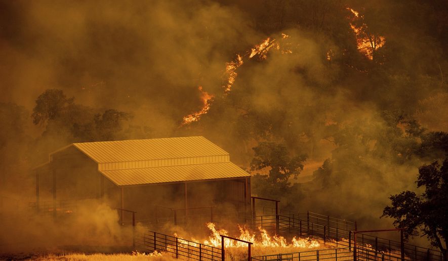 Flames rise around an outbuilding as the County fire burns in Guinda, Calif., Sunday July 1, 2018. Evacuations were ordered as dry, hot winds fueled a wildfire burning out of control Sunday in rural Northern California, sending a stream of smoke some 75 miles (120 kilometers) south into the San Francisco Bay Area. (AP Photo/Noah Berger)