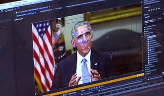 This image made from video of a fake video featuring former President Barack Obama shows elements of facial mapping used in new technology that lets anyone make videos of real people appearing to say things they&#39;ve never said. There is rising concern that U.S. adversaries will use new technology to make authentic-looking videos to influence political campaigns or jeopardize national security. (AP Photo) **FILE**
