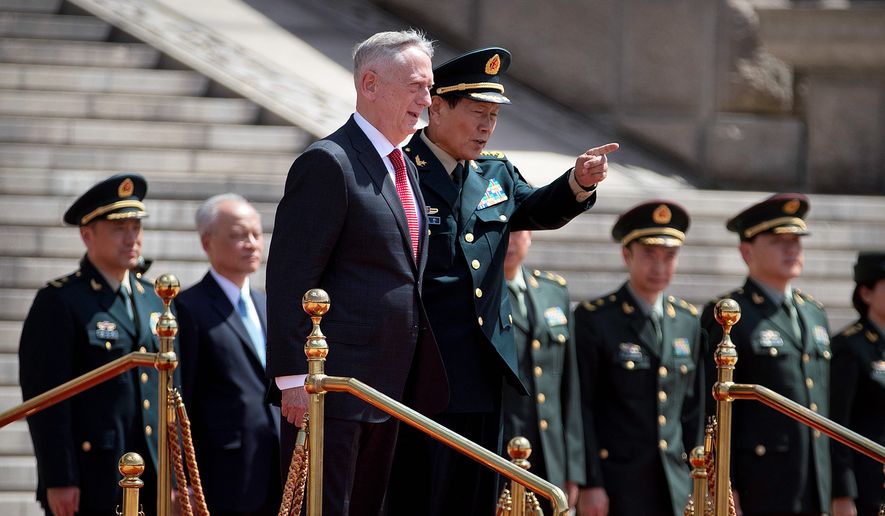 Defense Secretary Jim Mattis and Chinese Defense Minister Wei Fenghe met last week in Beijing. The delegation traveling on the E-4B plane with Mr. Mattis had to take extraordinary security precautions. (Associated Press)