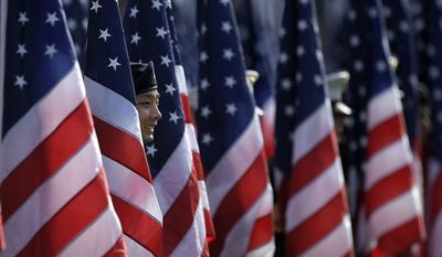 Members of the armed services stand among flags prior to the national anthem as part of &quot;Salute to Service&quot; during an NFL football game between the Los Angeles Chargers and the Buffalo Bills, Sunday, Nov. 19, 2017, in Carson, Calif. (AP Photo/Mark J. Terrill)