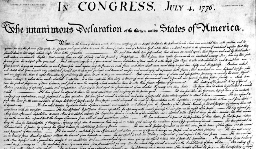 This close up of the U.S. Declaration of Independence. The image is taken from the engraving made by printer William J. Stone for the department of state on July 4, 1823.  (AP Photo/Library of Congress)