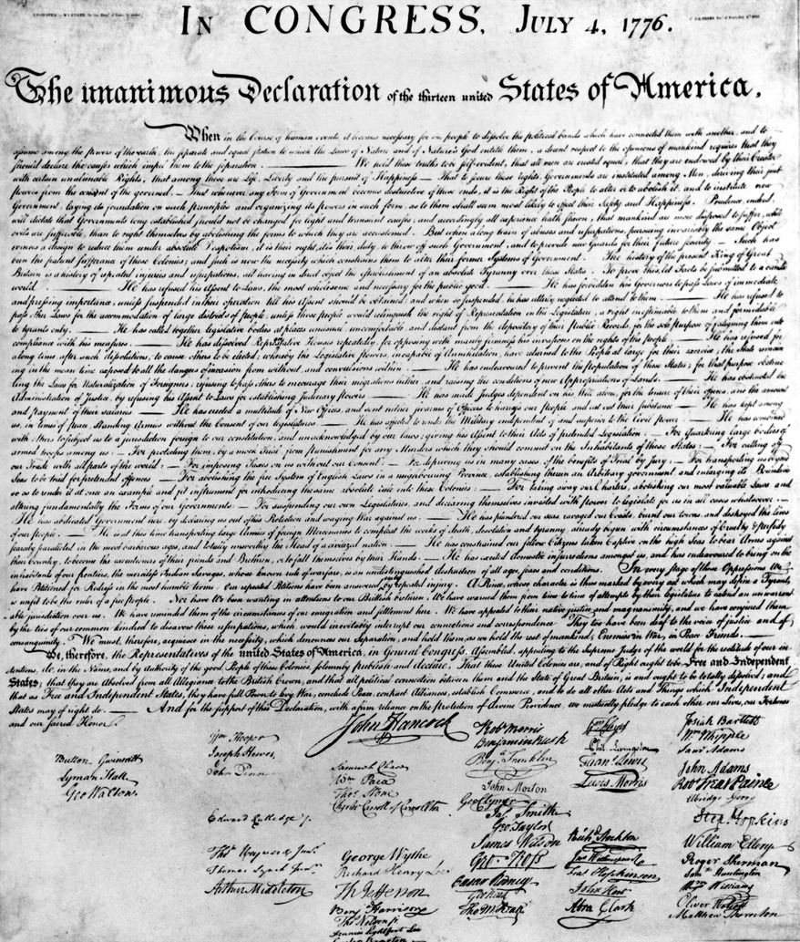 This close up of the U.S. Declaration of Independence. The image is taken from the engraving made by printer William J. Stone for the department of state on July 4, 1823.  (AP Photo/Library of Congress)