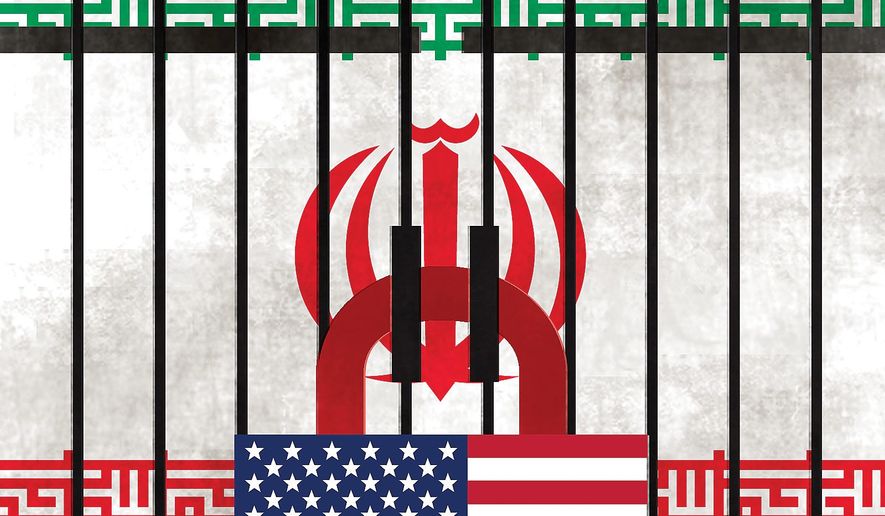 Illustration on pressuring Iran by Alexander Hunter/The Washington Times